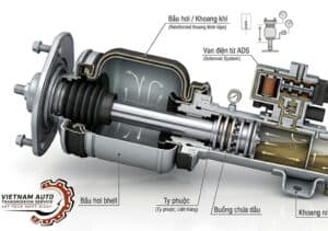 Sơ đồ cắt lớp phuộc hơi Mercedes AIRMATIC với các bộ phận như bầu hơi, piston và ty phuộc.