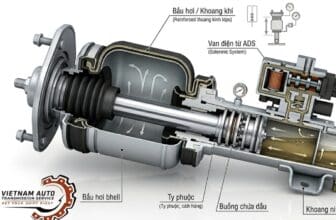 Sơ đồ cắt lớp phuộc hơi Mercedes AIRMATIC với các bộ phận như bầu hơi, piston và ty phuộc.