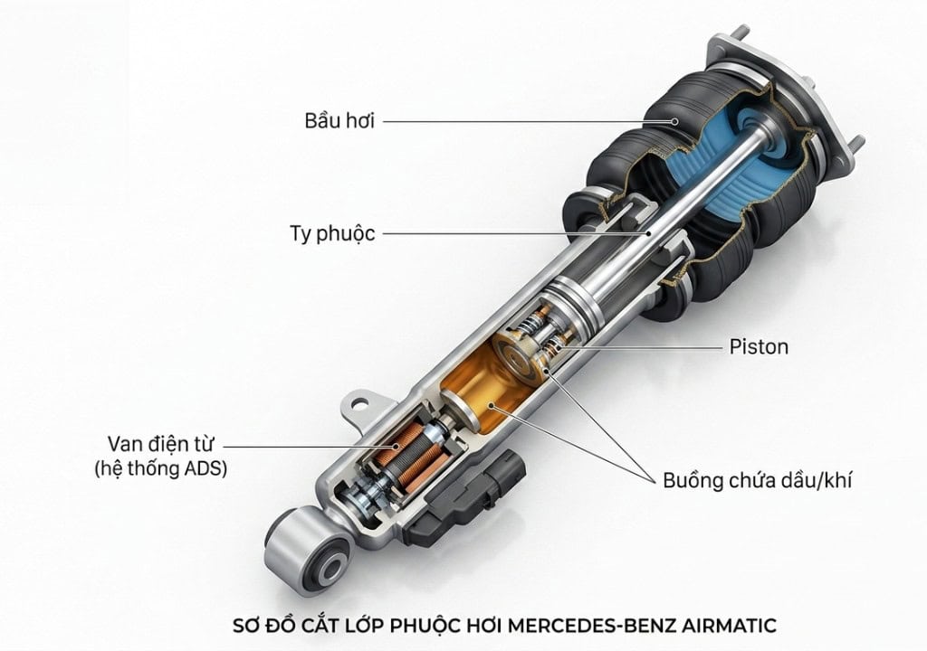 Sơ đồ cấu tạo phuộc hơi AIRMATIC trên Mercedes