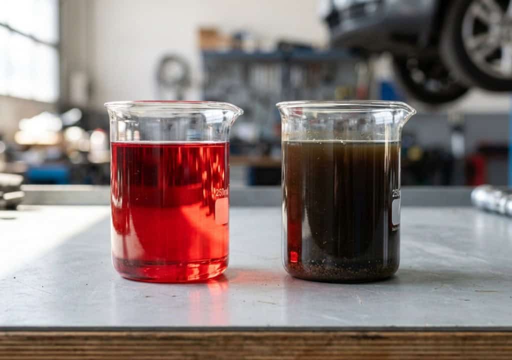 Hình ảnh so sánh màu dầu hộp số Kia Cerato mới và dầu đã xuống cấp chuyển sang nâu đen