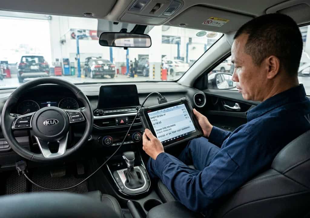 Hình chụp kỹ thuật viên kiểm tra hộp số Kia Cerato bằng máy chẩn đoán trước khi thay dầu