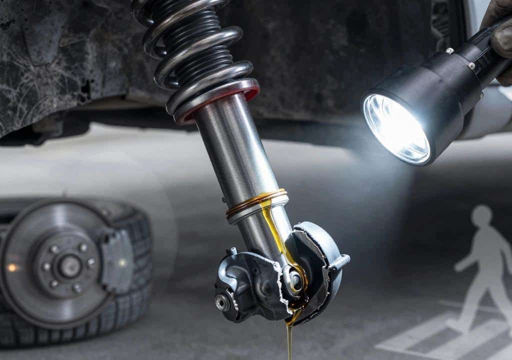 Hình ảnh phuộc ô tô bị rò dầu được kiểm tra bằng đèn pin để phát hiện dấu hiệu hư hỏng