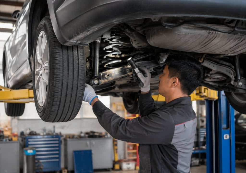 Kỹ thuật viên kiểm tra phuộc dầu ô tô trên cầu nâng.