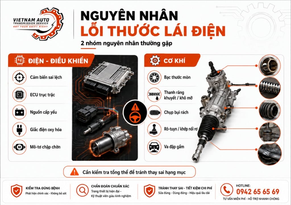 Nguyên nhân lỗi thước lái điện gồm nhóm điện điều khiển và nhóm cơ khí