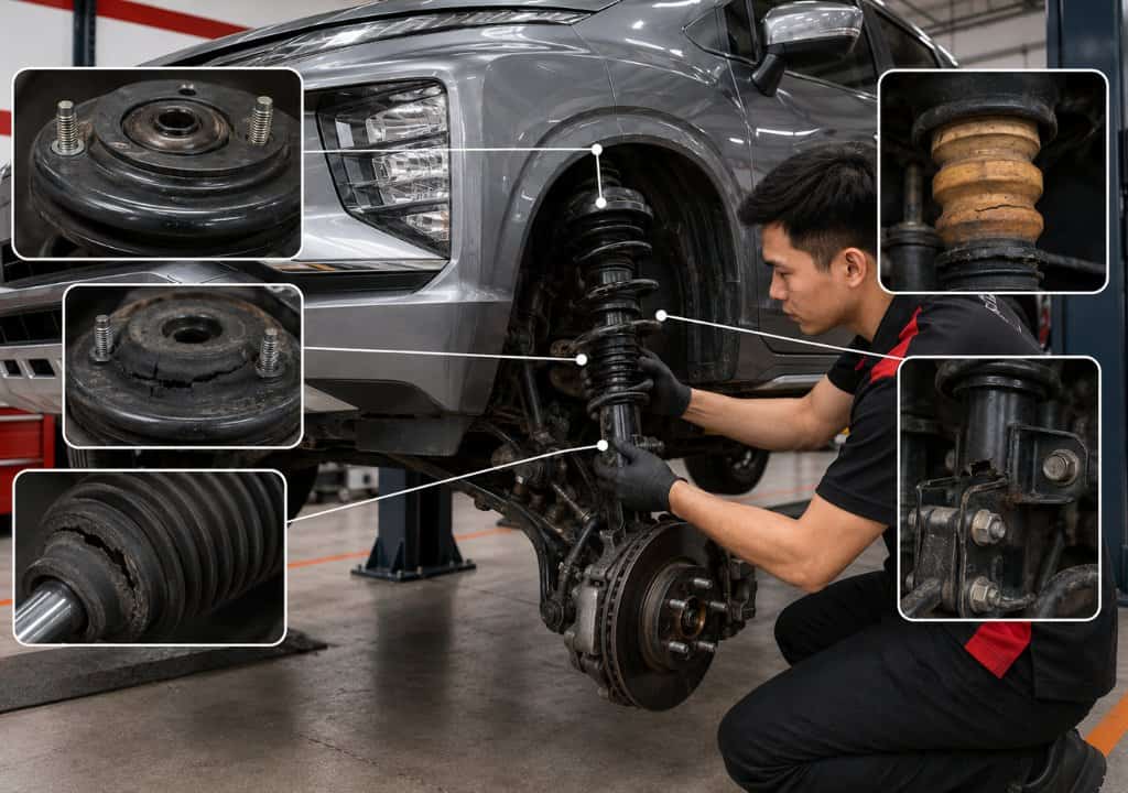 Kỹ thuật viên kiểm tra phuộc sau và cụm treo sau trên cầu nâng.