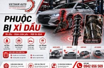 Phuộc bị xì dầu với vệt dầu bám bụi đen trên vỏ giảm xóc ô tô