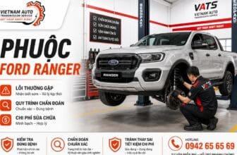 Phuộc Ford Ranger được kiểm tra tại garage VATS với kỹ thuật viên thao tác hệ thống giảm xóc
