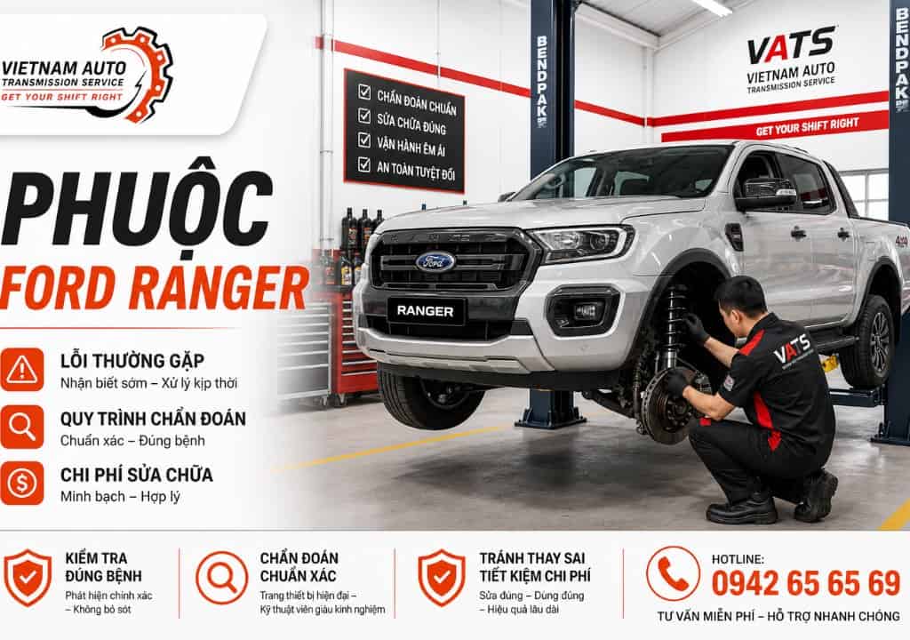 Phuộc Ford Ranger được kiểm tra tại garage VATS với kỹ thuật viên thao tác hệ thống giảm xóc