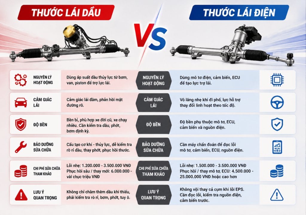 So sánh thước lái dầu và thước lái điện.