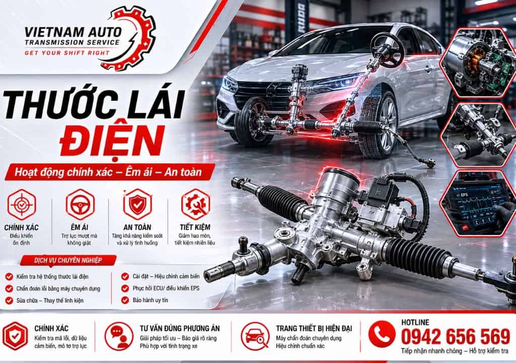 Thước lái điện ô tô với mô phỏng hệ thống lái và cụm trợ lực EPS trong garage VATS.