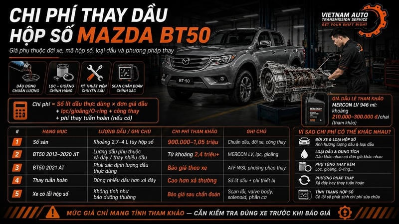 Thay dầu số mazda bt50 hết bao nhiêu tiền